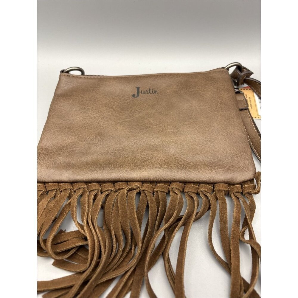 Justin Convertible Bag Wristlet & Earrings Brown Blue Embossed Fringe Western - Picture 4 of 6